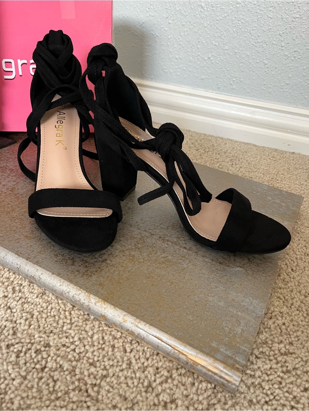 Allegra K Black Lace-Up Block Heel Sandals with Ankle Tie